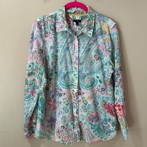 Talbots Cotton Button Front Shirt Paisley Print Multicolor Long Sleeve Women LP